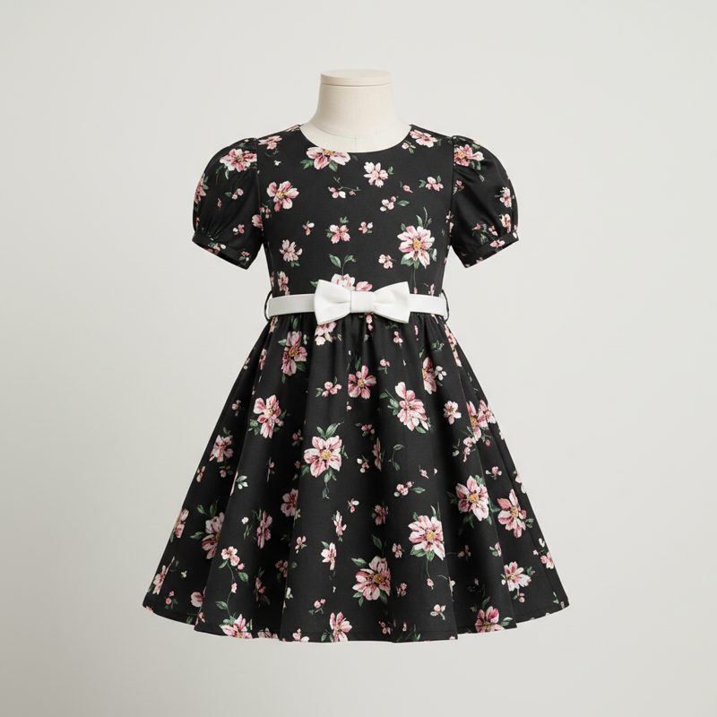 Black Floral Print Belted Party Dress