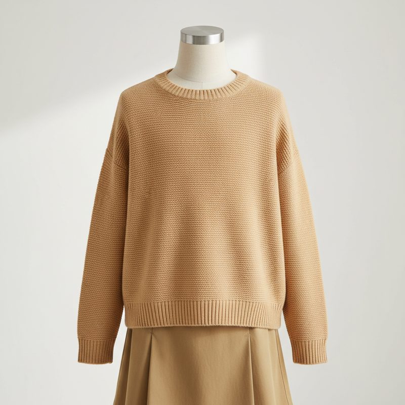 Camel Textured Knit Crewneck Sweater