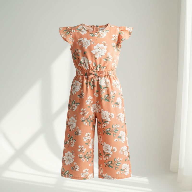 Peach Floral Frill Sleeve Jumpsuit