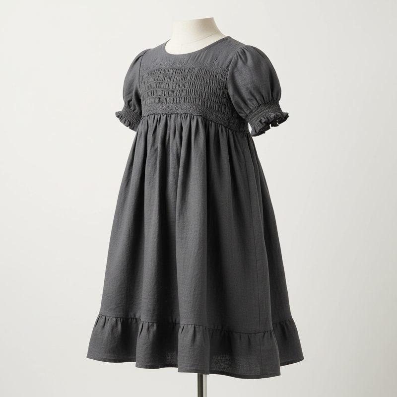 Charcoal Smocked Linen Ruffle Frock