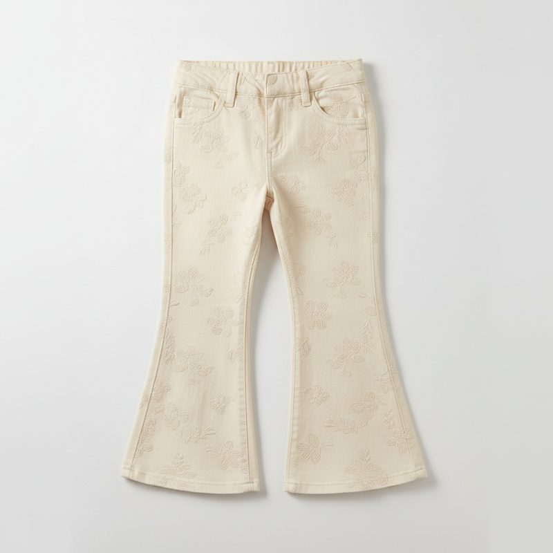 Cream Embroidered Flared Denim Trousers
