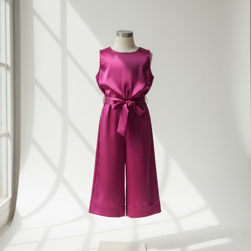 Plum Satin Sleeveless Belted Culotte Jumpsuit