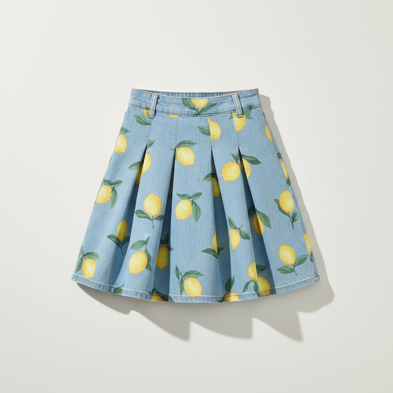 Sky Lemon Print Pleated Denim Skirt