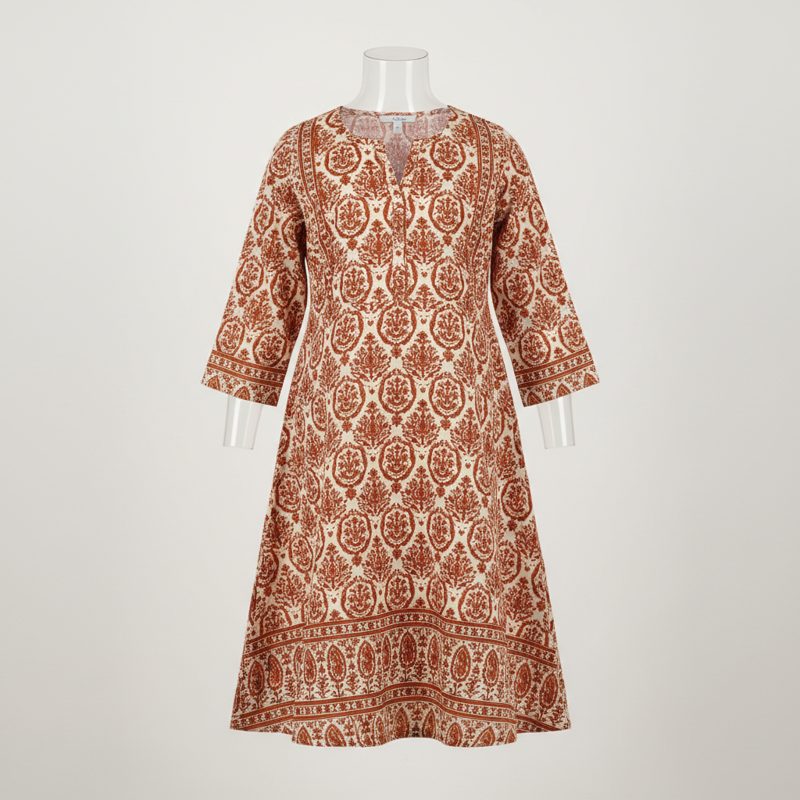 Rust Block-Print Cotton A-Line Kurta
