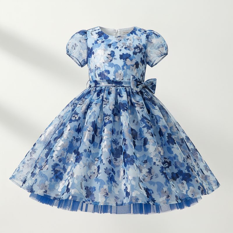 Sky Puff Sleeve Floral Party Dress