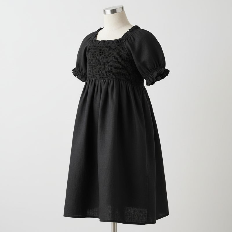 Black Smocked Linen Puff Sleeve Dress