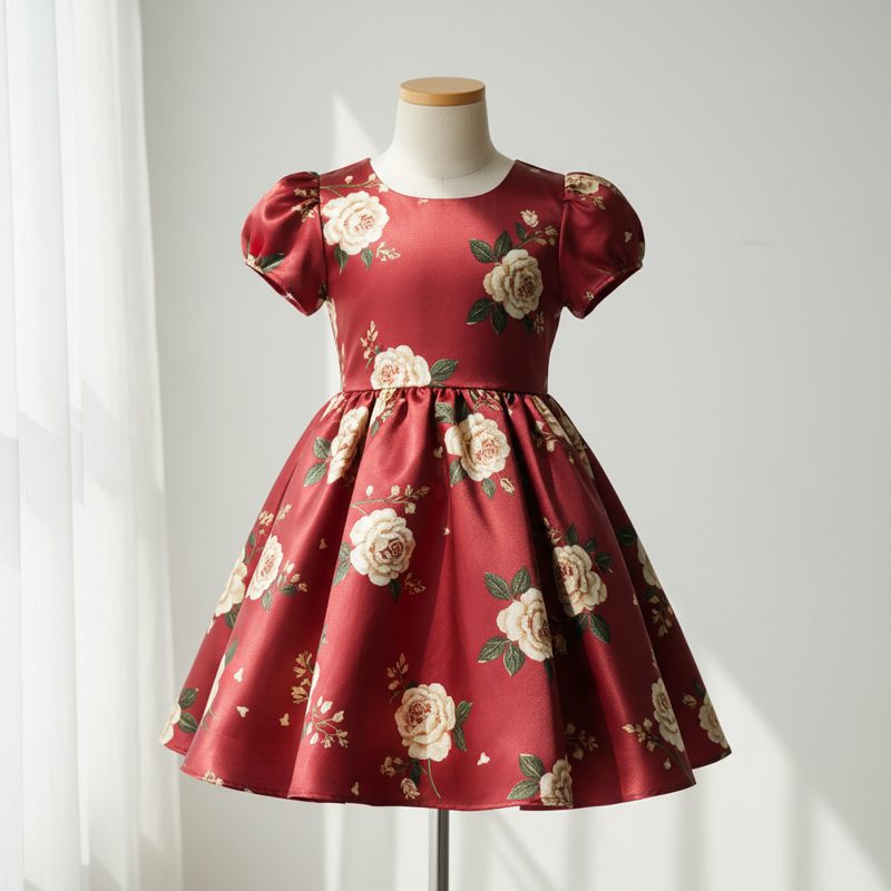 Burgundy Floral Satin Puff Sleeve Frock