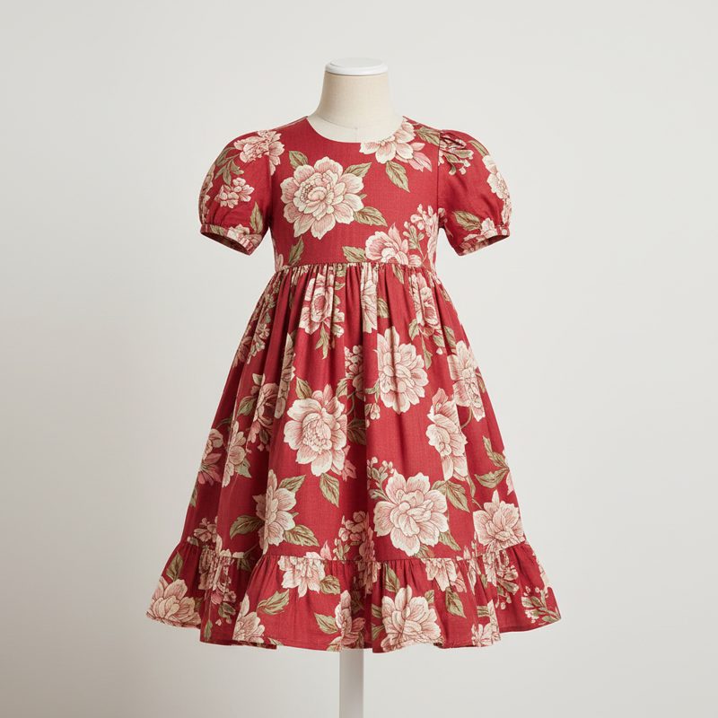 Crimson Floral Linen Puff Sleeve Frock
