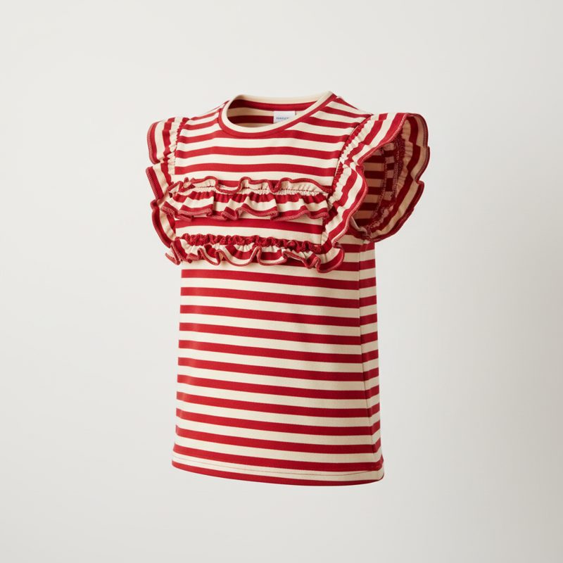 Crimson Ruffle Sleeve Striped Tee