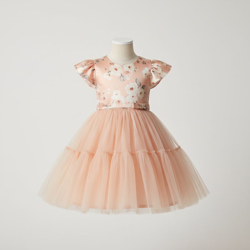 Peach Floral Tulle Party Frock