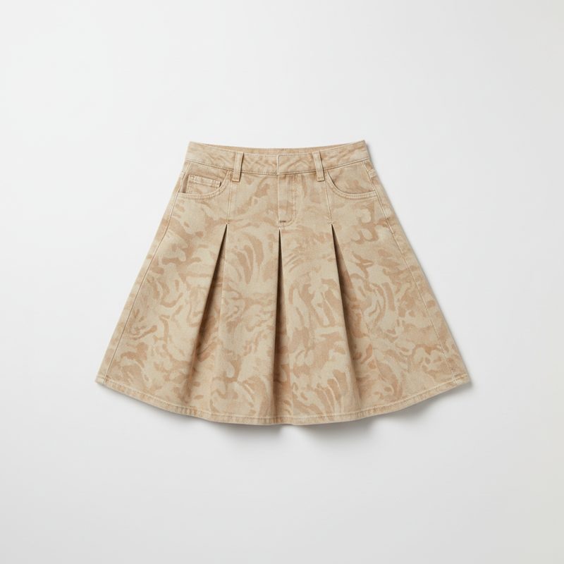 Tan Pleated Denim Printed Skirt