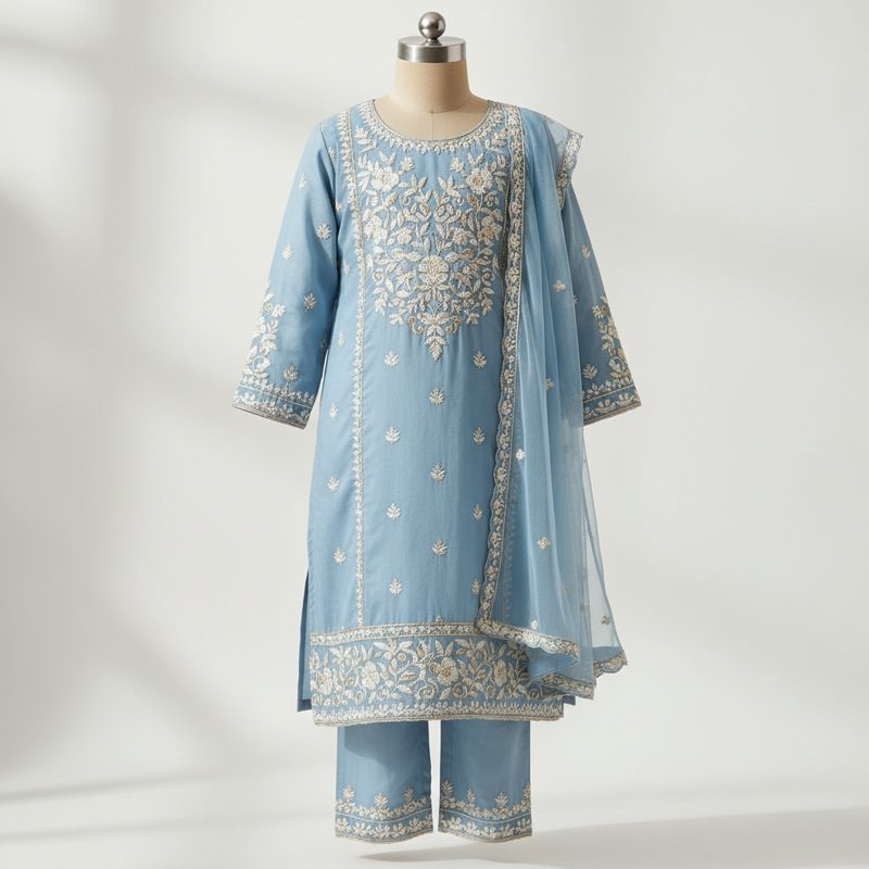 Powder Blue Embroidered Kurta Set with Dupatta