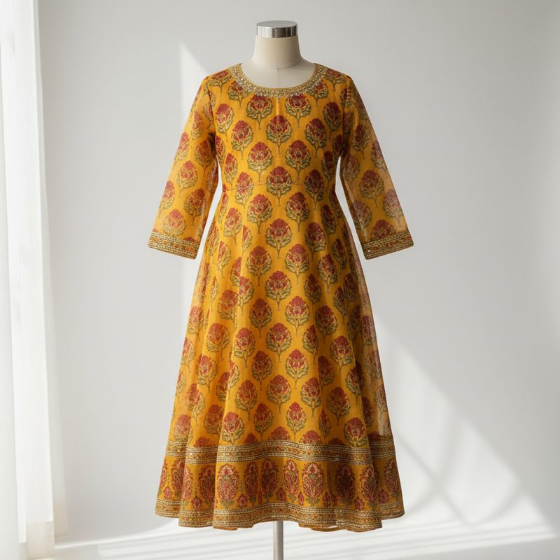 Mustard Floral Block Print Anarkali Kurta