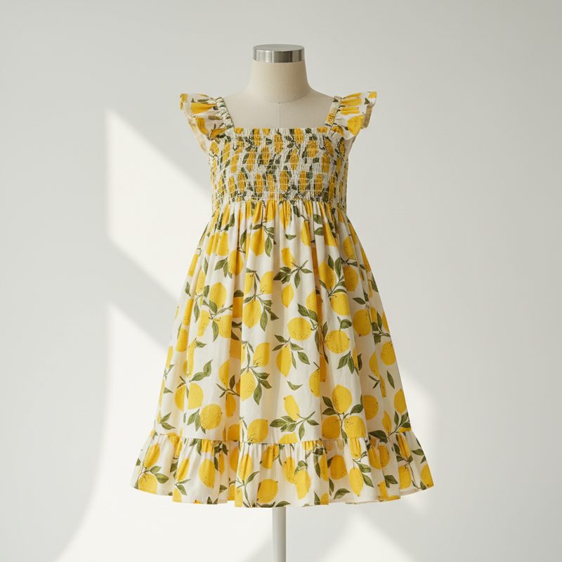 Lemon Smocked Lemon Print Ruffle Dress