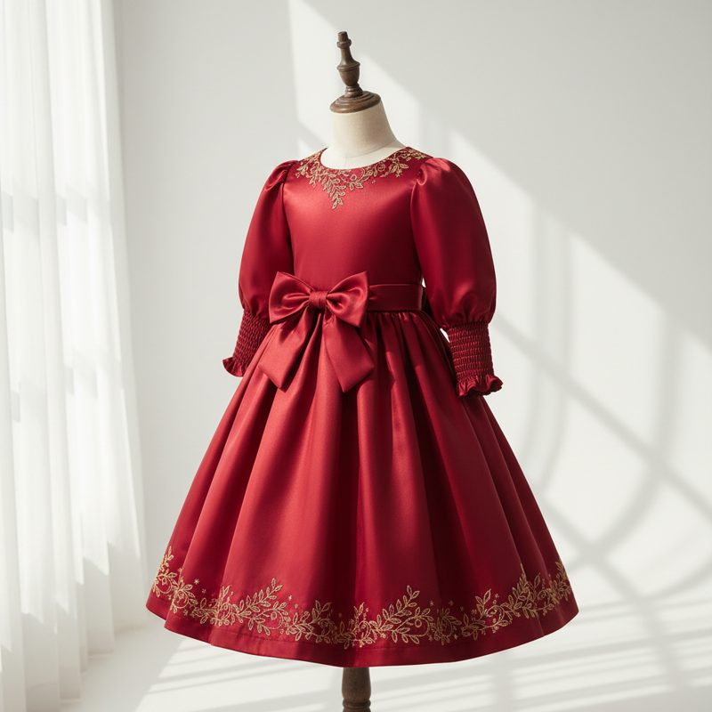Ruby Embroidered Satin Bow Frock