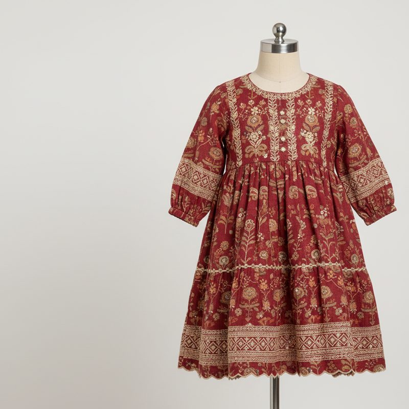Burgundy Embroidered Tiered Floral Frock