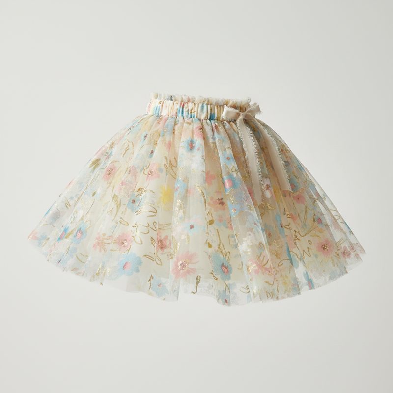 Cream Floral Embroidered Tulle Skirt
