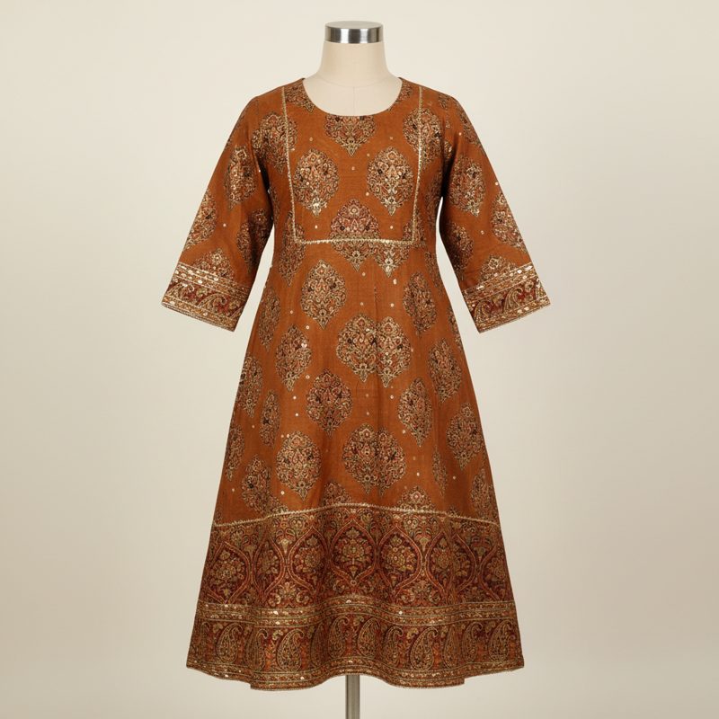 Rust Embellished Printed Anarkali Kurta