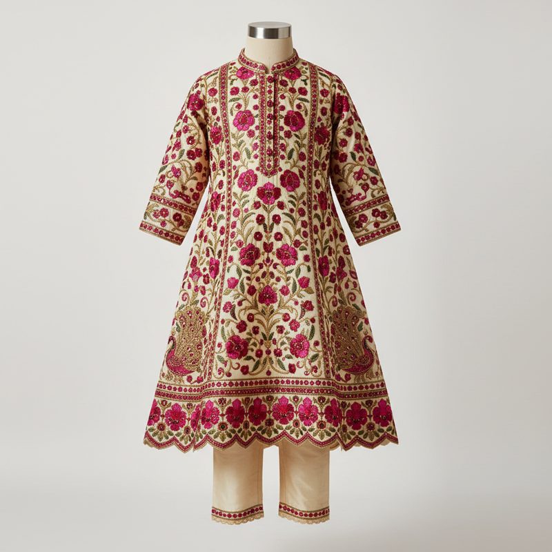 Cream Embroidered Floral Silk Kurta Set