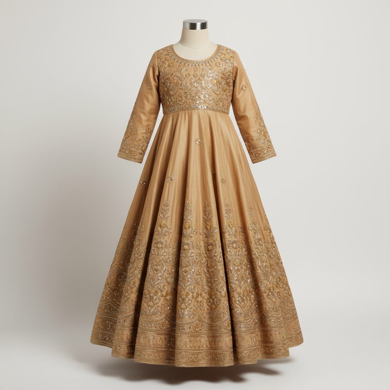Bronze Embellished Silk Anarkali Gown