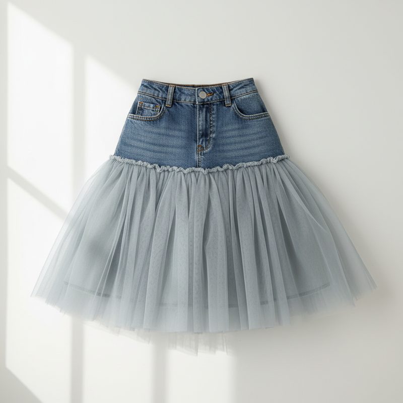 Indigo Denim and Tulle Hybrid Skirt