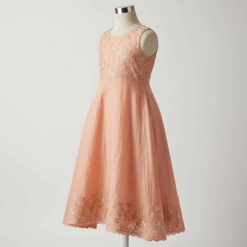 Peach Embroidered Sleeveless Fit-and-Flare Frock