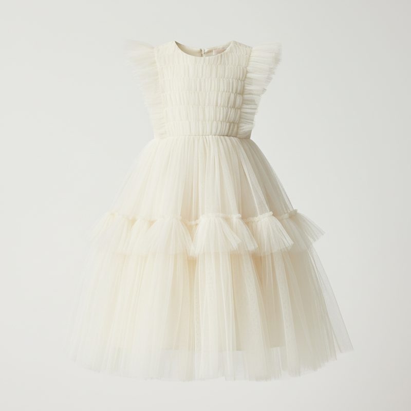 Cream Smocked Tulle Tiered Dress