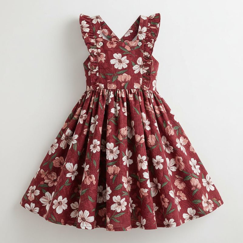 Burgundy Ruffle Strap Floral Pinafore Dress