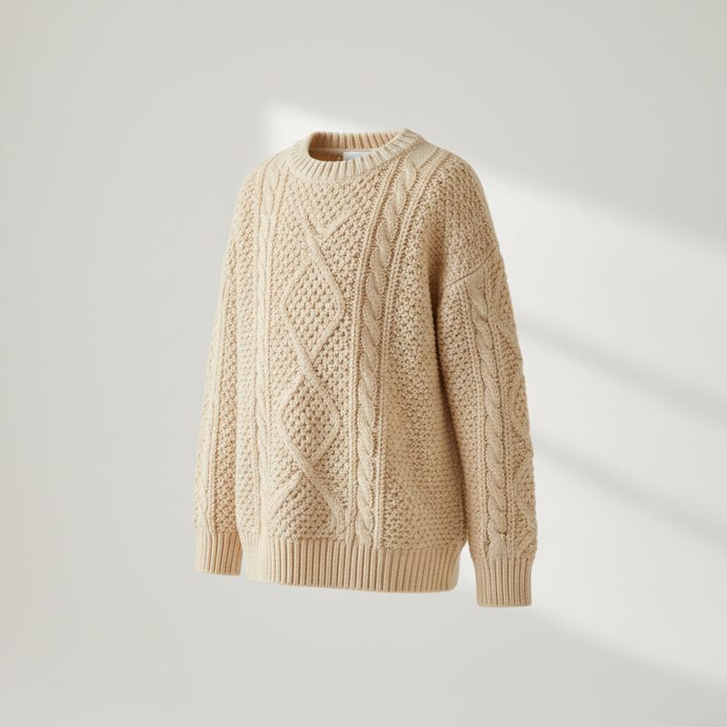 Beige Cable Knit Crewneck Sweater