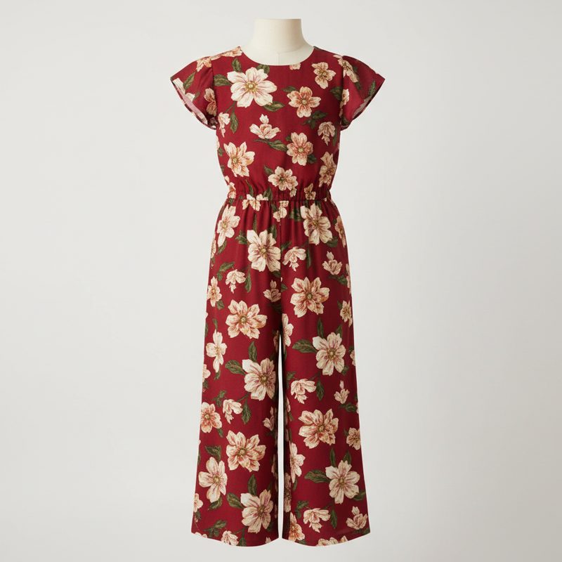 Burgundy Floral Print Flutter Sleeve Jumpsuit