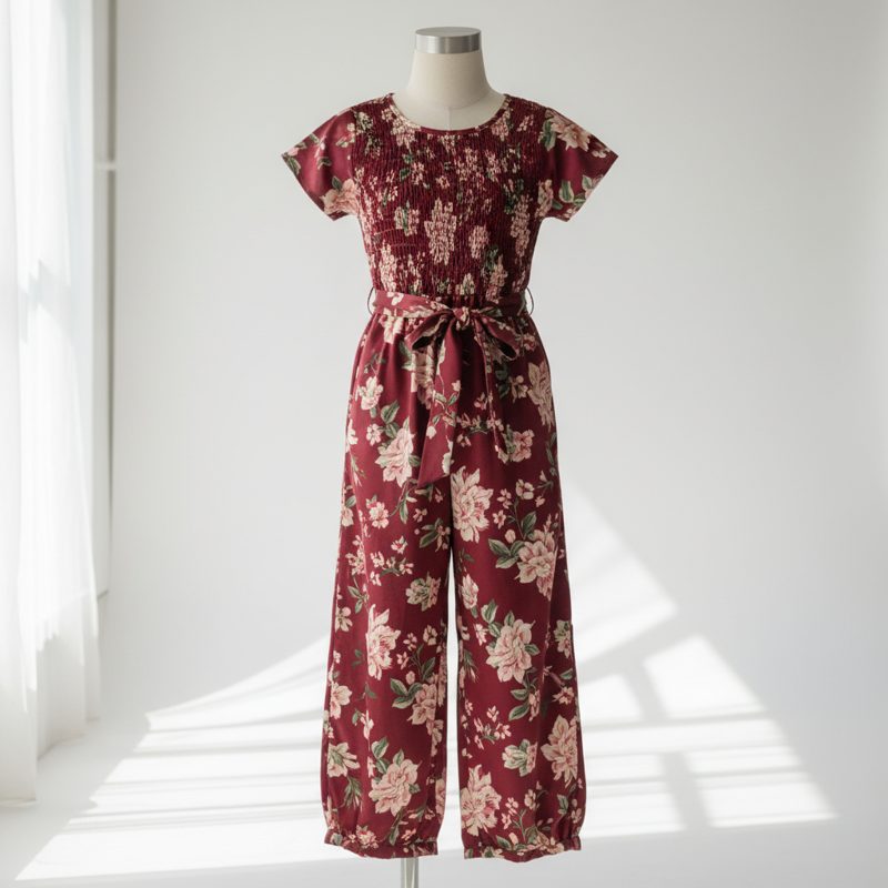 Burgundy Floral Smocked Wide-Leg Jumpsuit