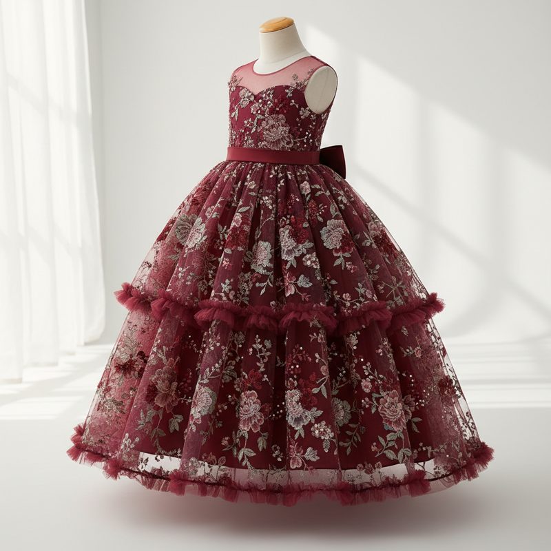 Wine Embroidered Tulle Ball Gown