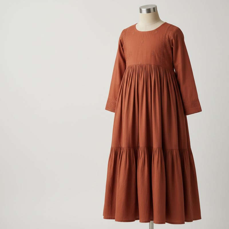 Terracotta Embroidered Tiered Cotton Frock