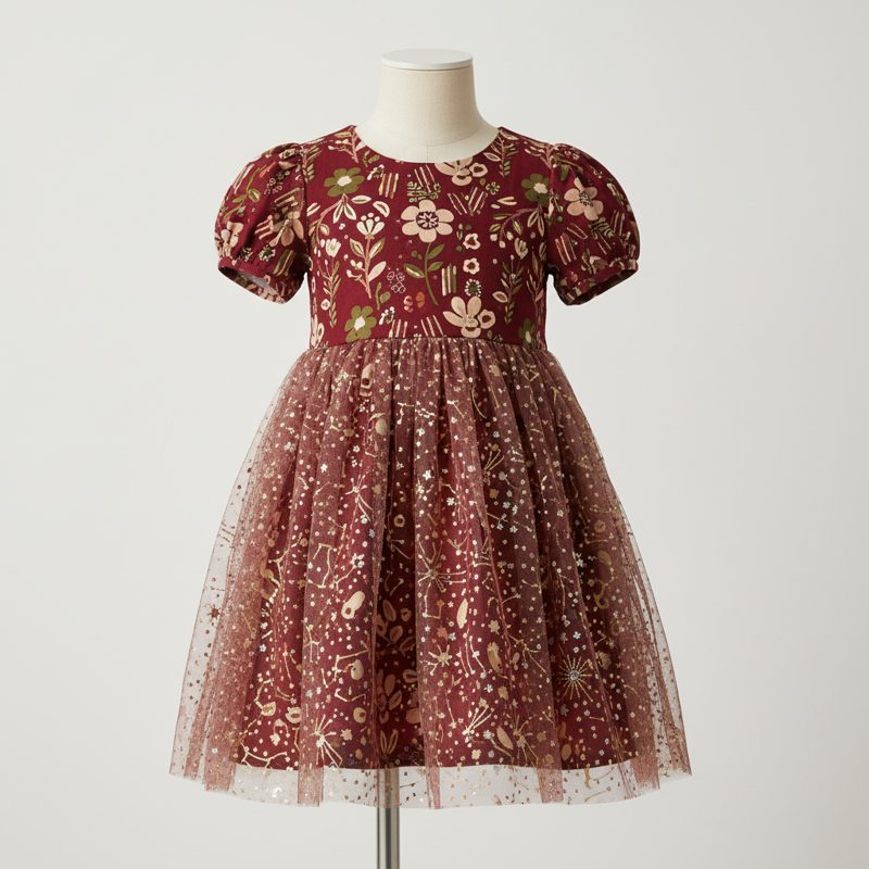 Burgundy Floral Tulle Skirt Frock