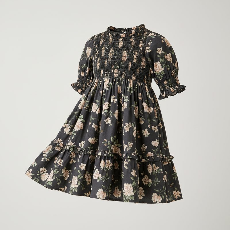 Black Smocked Floral Tiered Cotton Frock