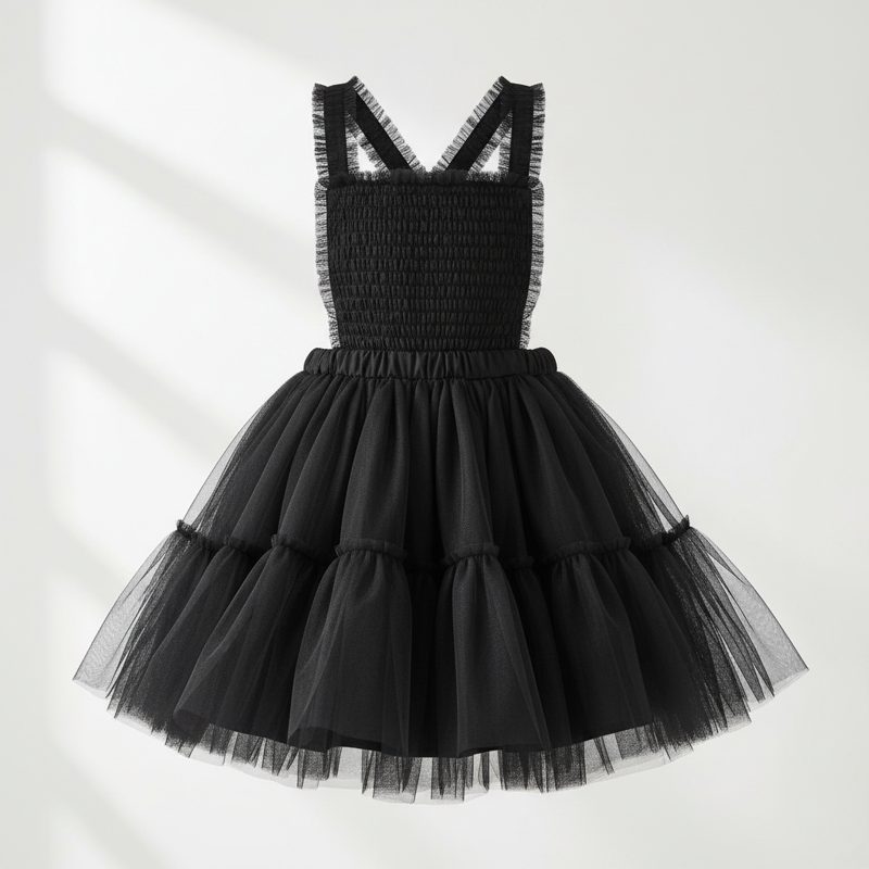 Black Smocked Tulle Tiered Frock