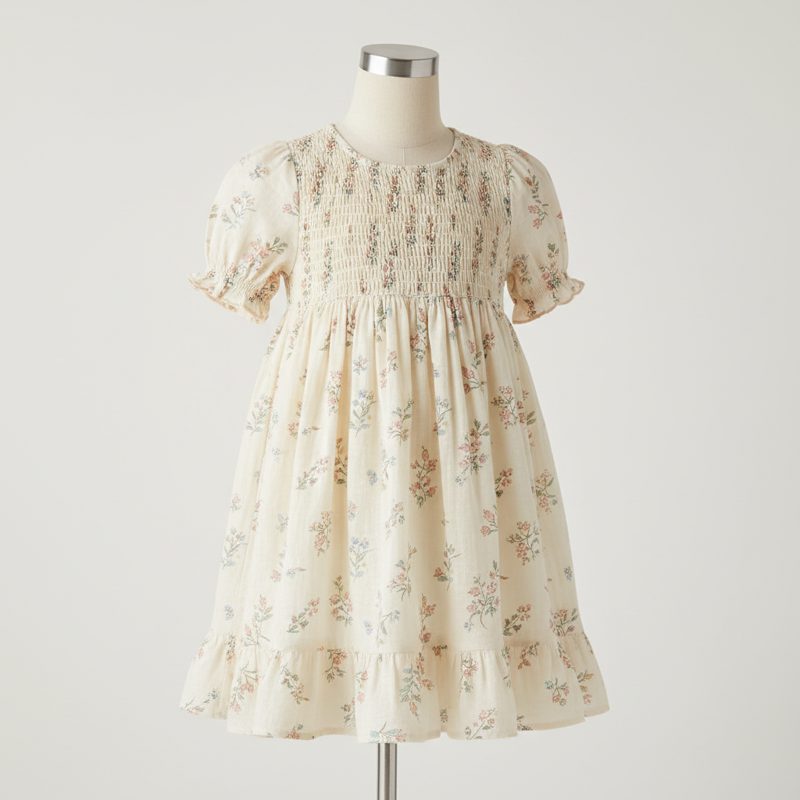 Cream Smocked Floral Cotton Frock