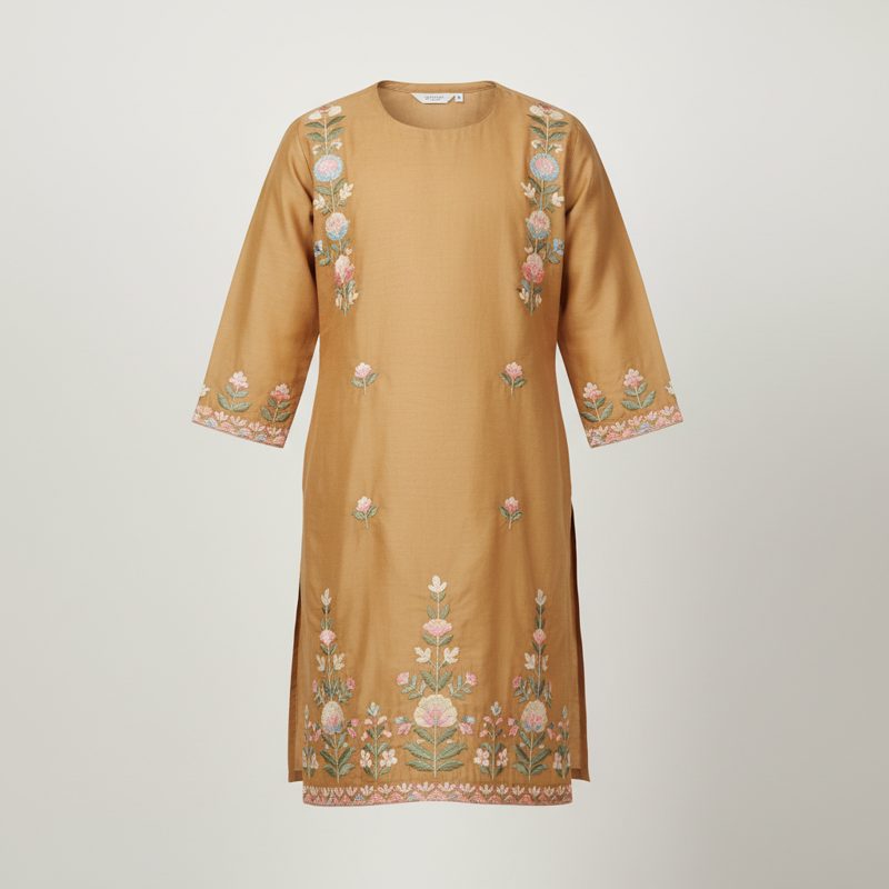 Tan Embroidered Tussar Silk Kurta