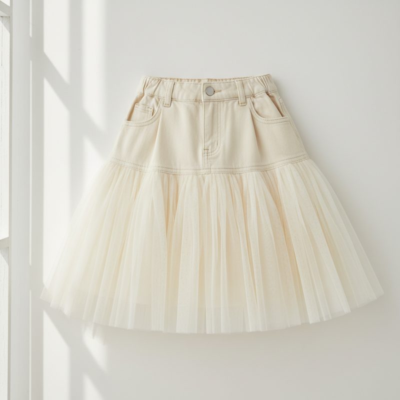 Cream Tulle Paneled Denim Skirt