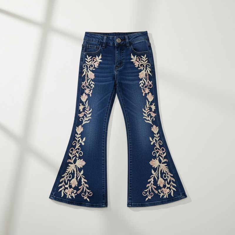 Indigo Embroidered Flared Denim Jeans