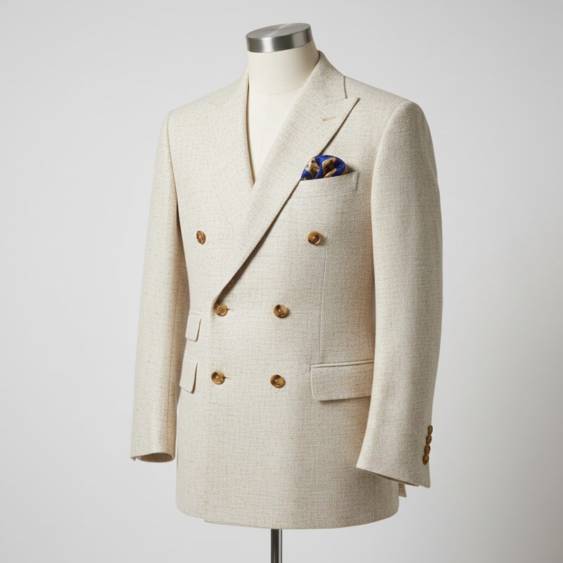 Beige Double Breasted Linen Blazer