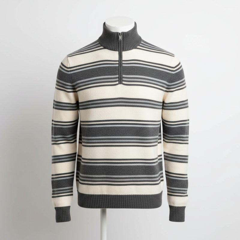 Ivory Striped Half Zip Knit Sweater