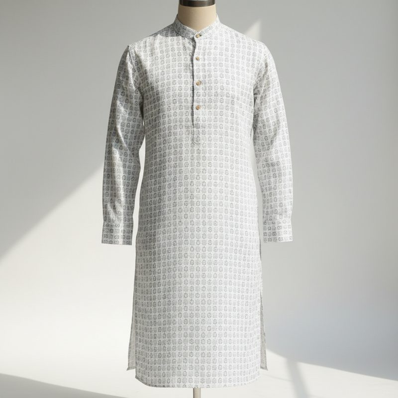 White Mandarin Collar Printed Kurta