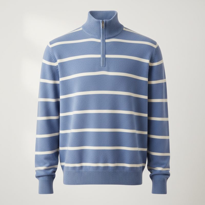 Powder Blue Striped Quarter Zip Knit Sweater