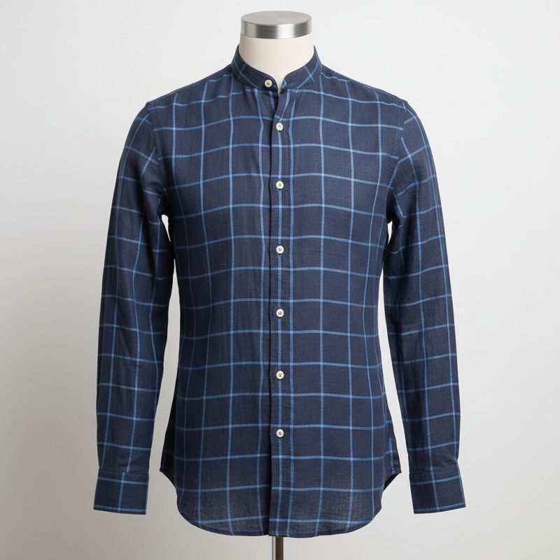 Navy Mandarin Collar Windowpane Check Shirt