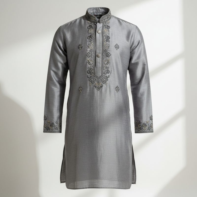 Graphite Embroidered Silk Mandarin Kurta