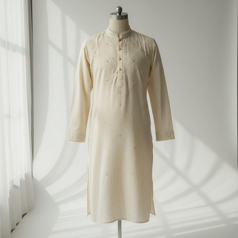 Cream Embroidered Mandarin Collar Kurta