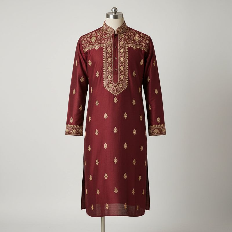 Burgundy Embroidered Silk Ethnic Kurta