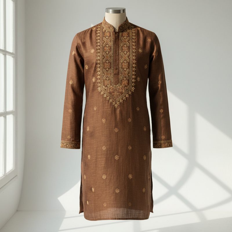 Bronze Embroidered Silk Blend Kurta