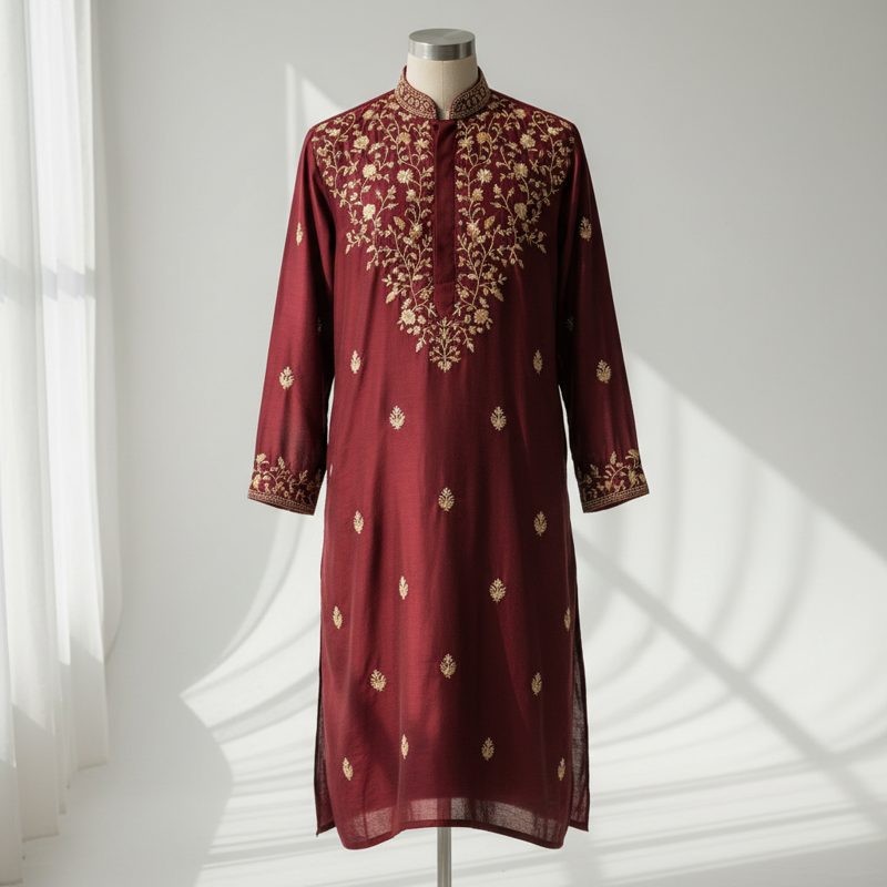 Wine Embroidered Silk Mandarin Kurta